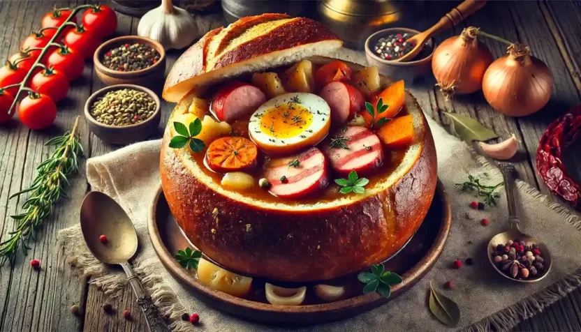 Traditional Polish żurek — sour rye soup served with sausage and boiled eggs.