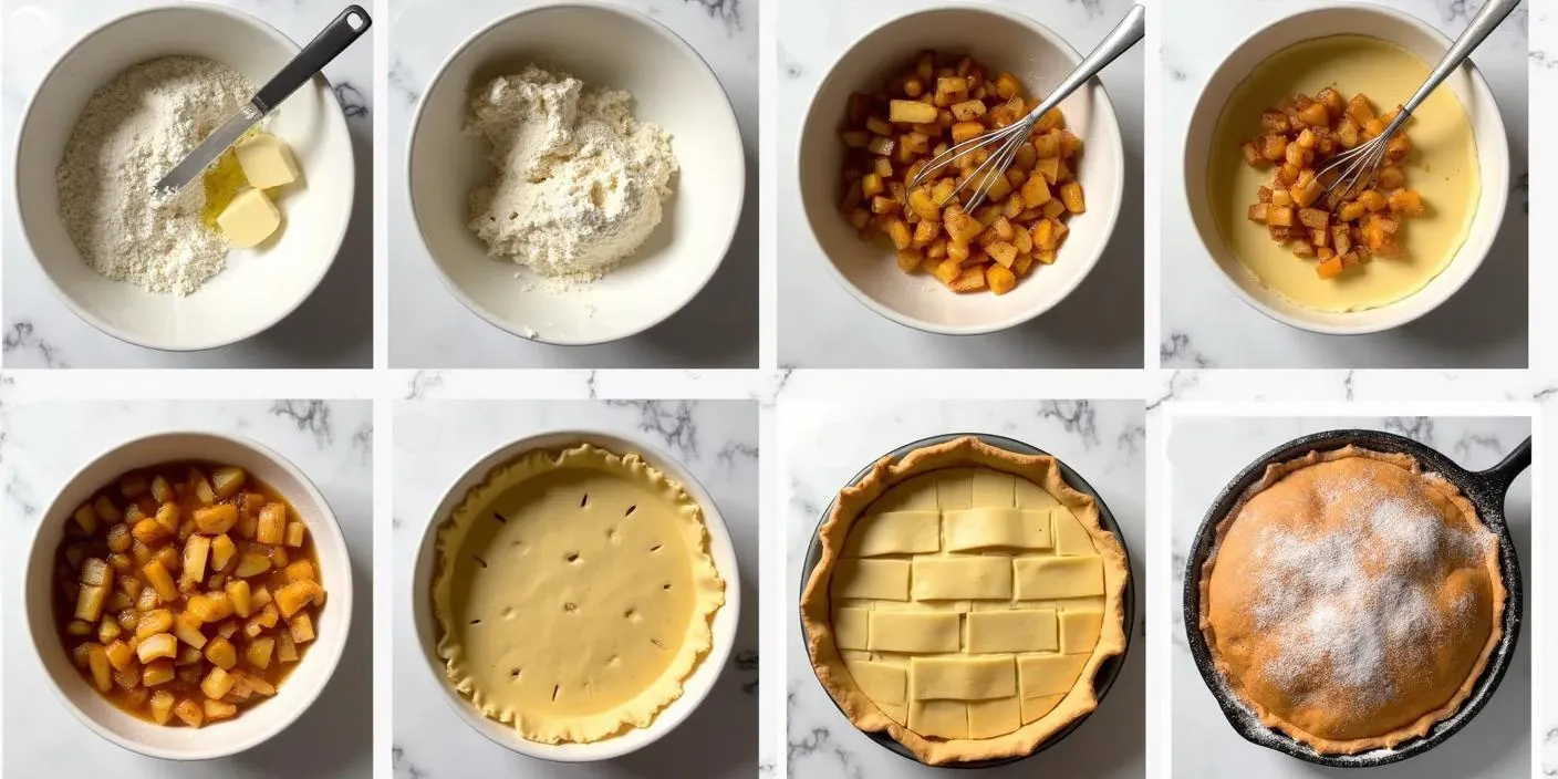 Step-by-step photos of how to make traditional Romanian apple pie: mixing dough, chilling it, cooking grated apples, assembling the pie in a tray, baking it, and serving golden-brown slices dusted with powdered sugar.