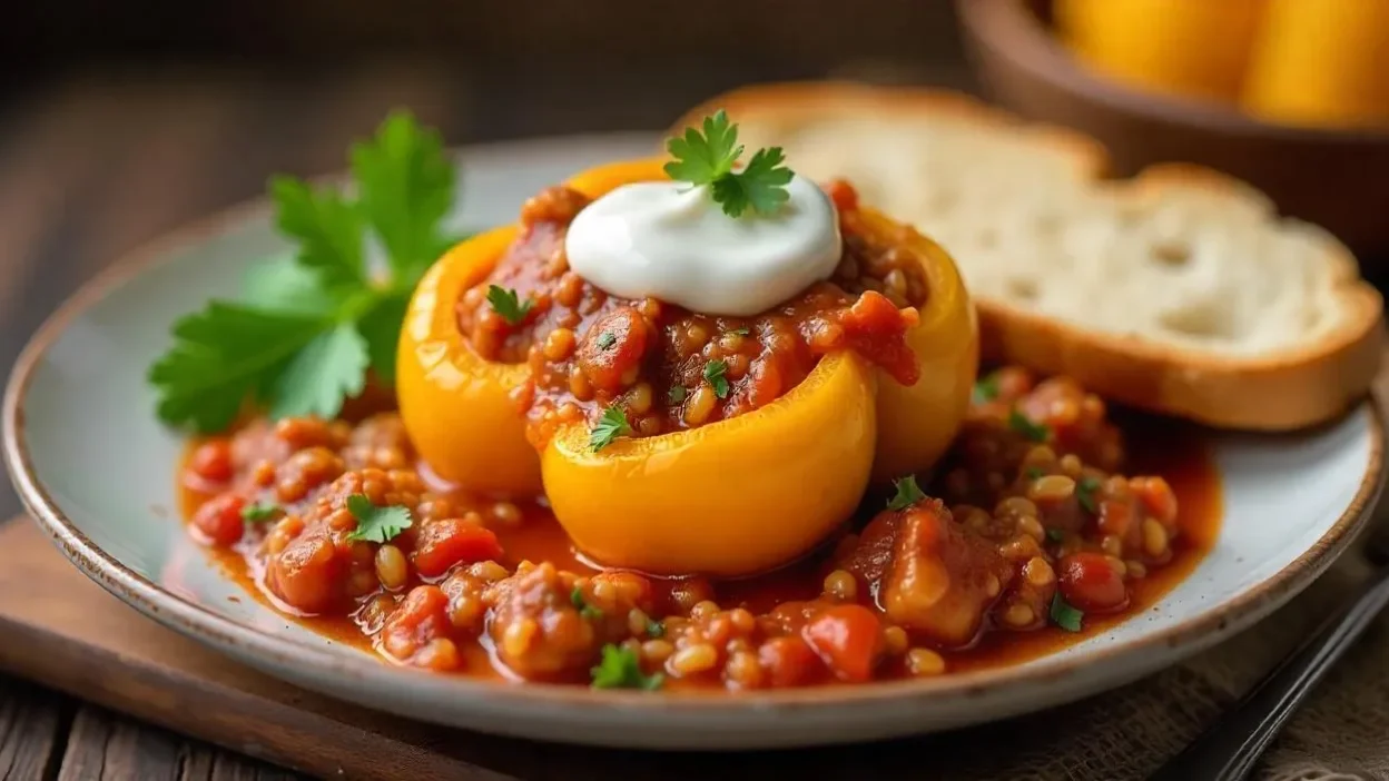 A plate of traditional Romanian Stuffed Peppers (Ardei Umpluți) with tender yellow peppers, a savory pork and rice filling, and a creamy tomato sauce, garnished with fresh parsley and served with crusty bread.