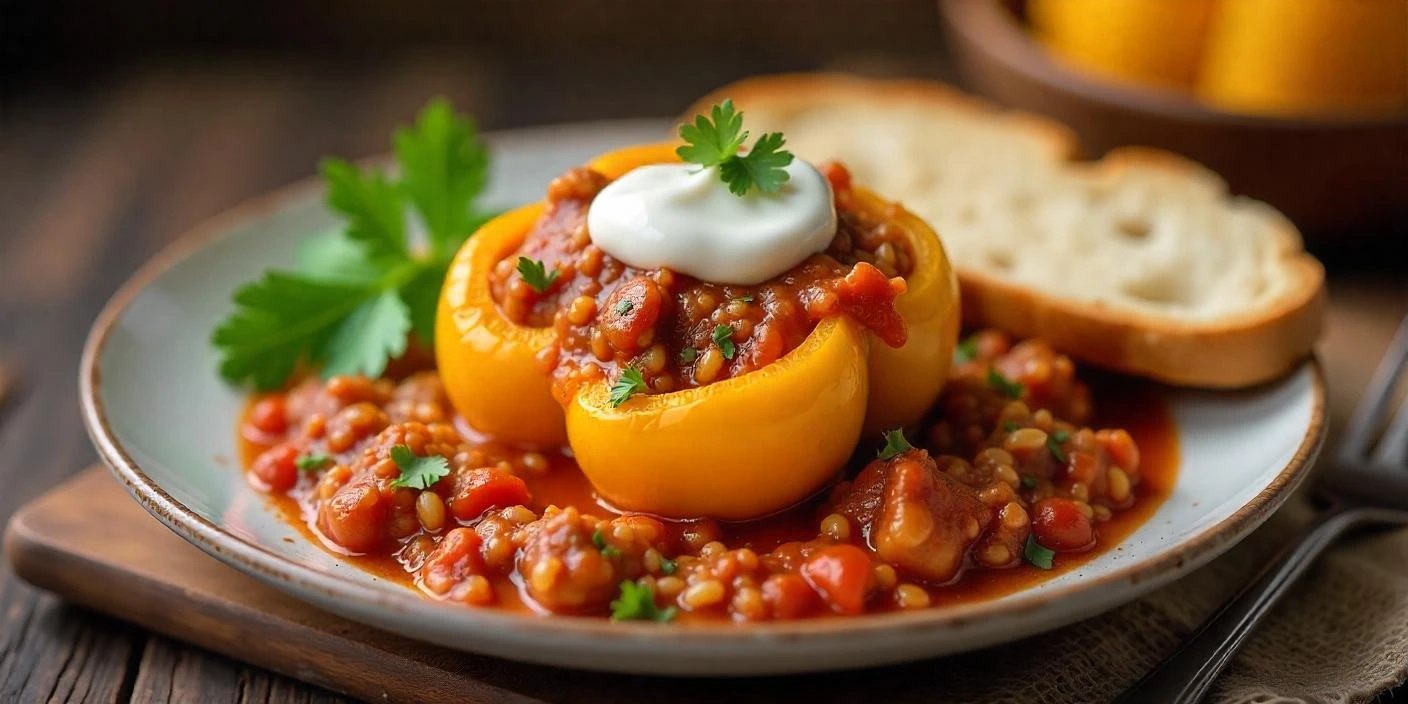 A plate of traditional Romanian Stuffed Peppers (Ardei Umpluți) with tender yellow peppers, a savory pork and rice filling, and a creamy tomato sauce, garnished with fresh parsley and served with crusty bread.