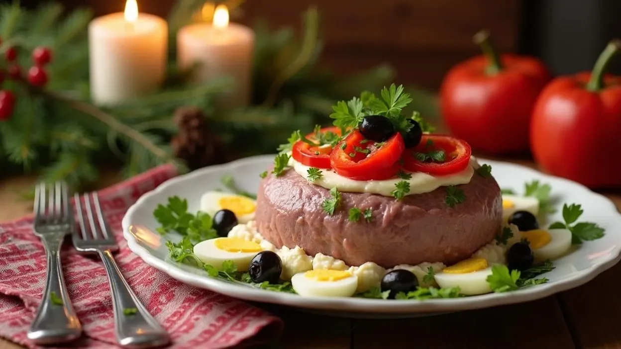 A beautifully presented Romanian Beef Salad (Salata de Boeuf) served on a white plate, garnished with red bell peppers, boiled egg slices, olives, and fresh parsley