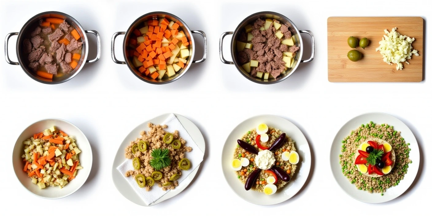 Step-by-step preparation of Romanian Beef Salad (Salata de Boeuf), showing the process from boiling ingredients to dicing, mixing with mayonnaise, shaping, decorating, and serving the final dish.