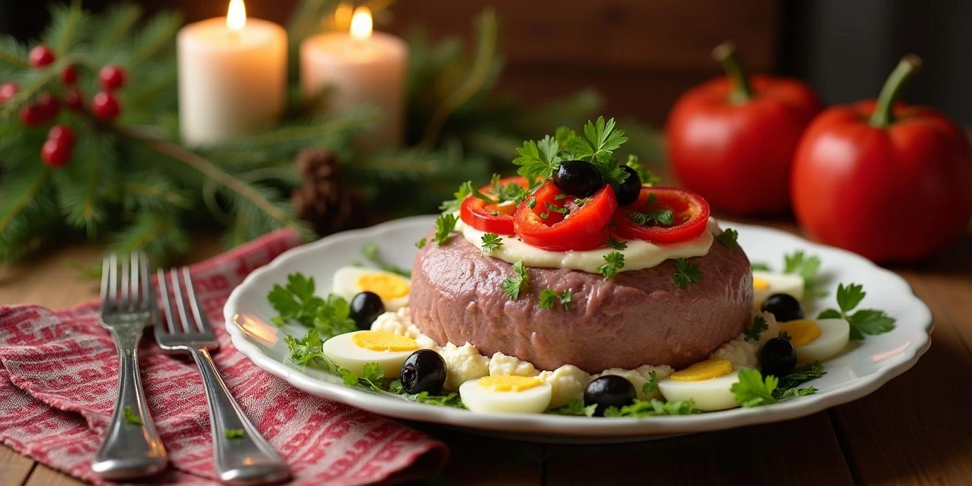 A beautifully presented Romanian Beef Salad (Salata de Boeuf) served on a white plate, garnished with red bell peppers, boiled egg slices, olives, and fresh parsley