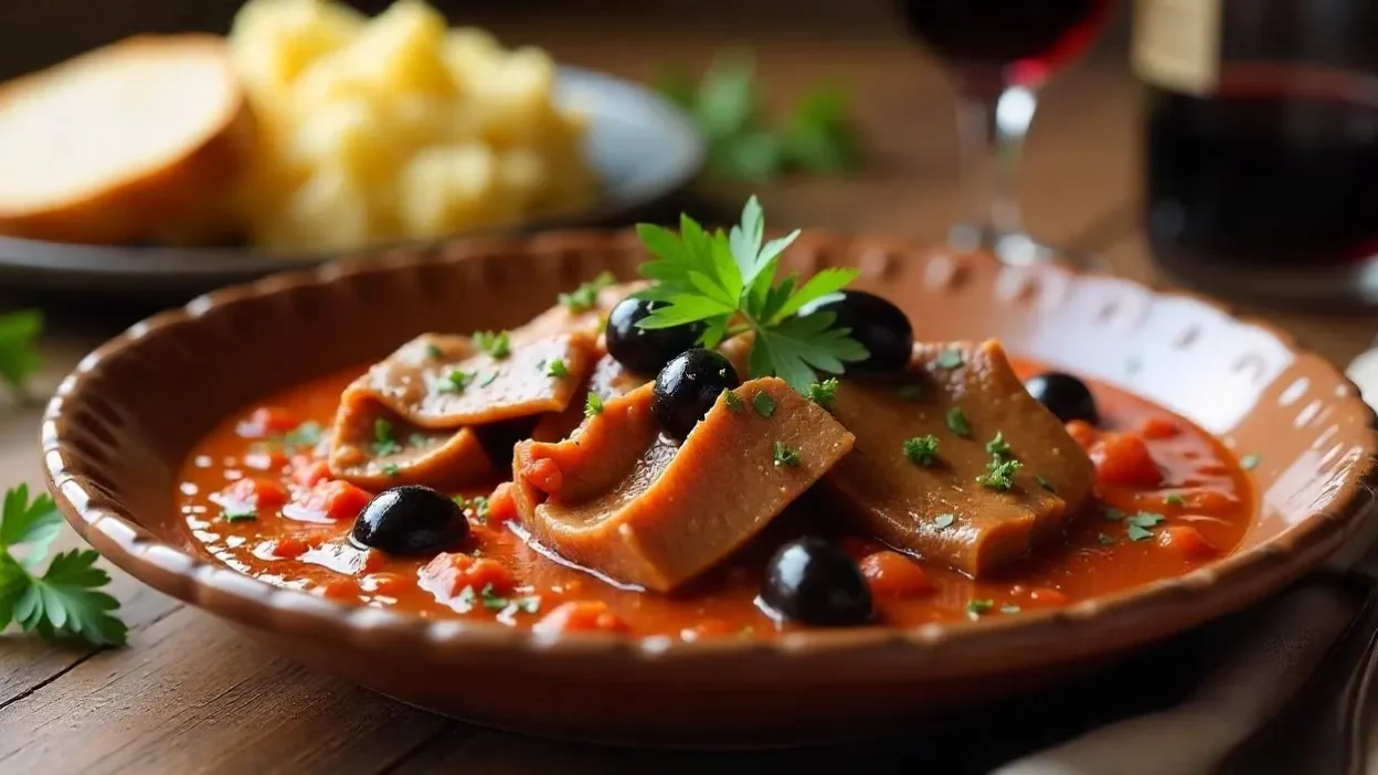 A plate of Romanian Limba cu Masline, featuring tender beef tongue slices stewed in a rich tomato-olive sauce, garnished with fresh parsley and served with mashed potatoes and crusty bread on a rustic wooden table.