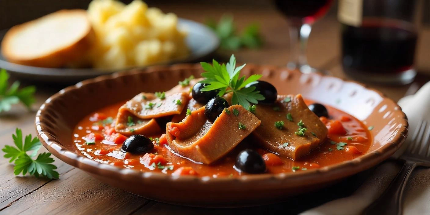 A plate of Romanian Limba cu Masline, featuring tender beef tongue slices stewed in a rich tomato-olive sauce, garnished with fresh parsley and served with mashed potatoes and crusty bread on a rustic wooden table.