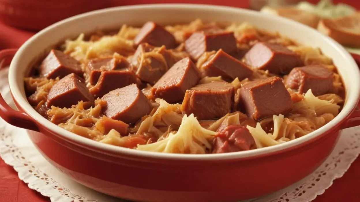 A plate of traditional Polish bigos (hunter’s stew) with sauerkraut, meat, and spices.