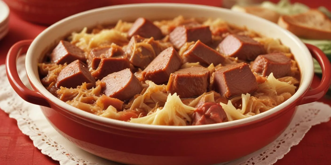 A plate of traditional Polish bigos (hunter’s stew) with sauerkraut, meat, and spices.