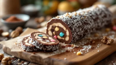 Sliced Romanian chocolate biscuit salami on a wooden board, showing biscuit pieces, walnuts, raisins, and Turkish delight, rolled in coconut flakes.