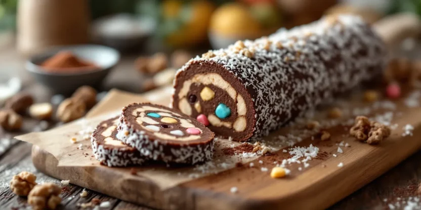Sliced Romanian chocolate biscuit salami on a wooden board, showing biscuit pieces, walnuts, raisins, and Turkish delight, rolled in coconut flakes.