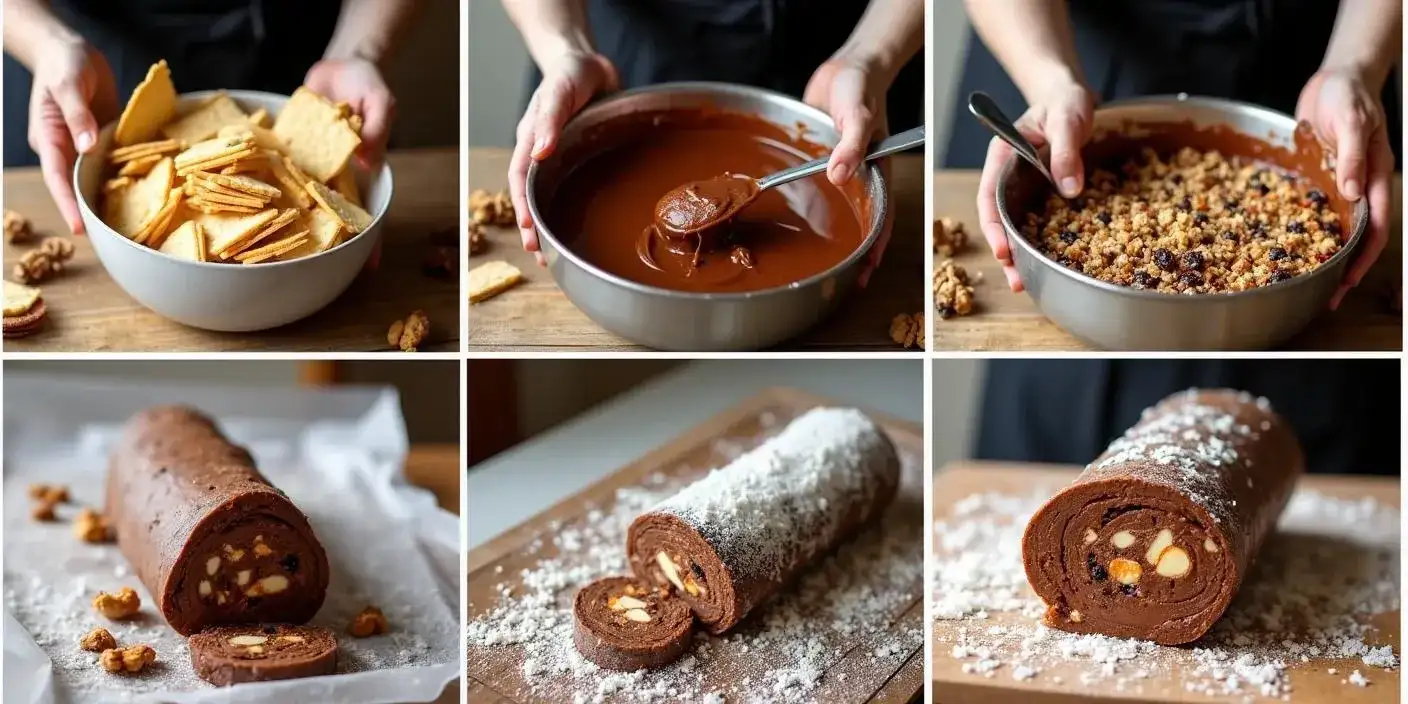 Step-by-step collage showing how to make Romanian chocolate biscuit salami: breaking biscuits, making chocolate sauce, mixing with nuts and raisins, shaping the log, chilling, and final sliced dessert.