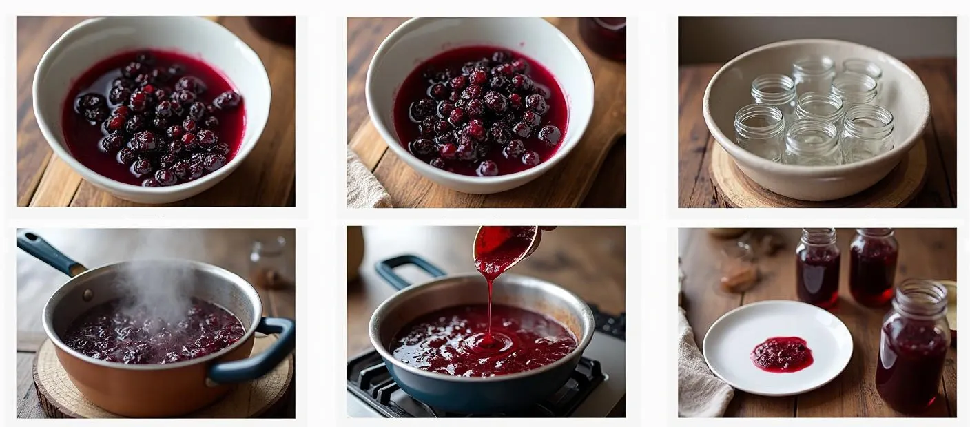 Step-by-step process of making traditional Romanian wild blackberry jam (dulceață de mure), including washing and soaking the berries, macerating with sugar, sterilizing jars, boiling the jam, performing the set test, and filling the jars — all shown in a rustic kitchen setting with natural lighting.