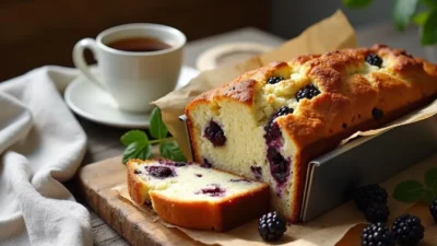 Romanian blackberry loaf cake (Chec cu Mure) sliced and served on a rustic wooden table, showing fluffy interior with blackberries, surrounded by fresh berries and a cup of coffee.