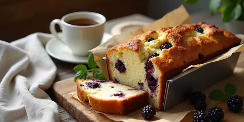 Romanian blackberry loaf cake (Chec cu Mure) sliced and served on a rustic wooden table, showing fluffy interior with blackberries, surrounded by fresh berries and a cup of coffee.