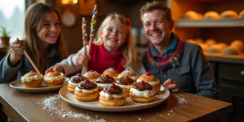 Icelandic Bolludagur buns — fluffy sweet buns topped with whipped cream and chocolate glaze.