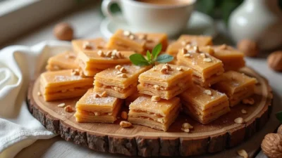 A plate of Romanian caramel and walnut wafers (Foi Lica), cut into diamond and rectangular shapes, showcasing crispy wafer layers filled with rich caramel and chopped walnuts.