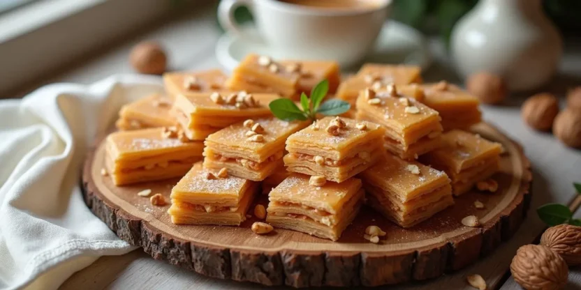 A plate of Romanian caramel and walnut wafers (Foi Lica), cut into diamond and rectangular shapes, showcasing crispy wafer layers filled with rich caramel and chopped walnuts.