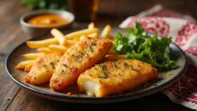 A plate of golden-brown Romanian Fried Cheese (Cașcaval Pane) with a crispy crust and gooey melted cheese inside, served with crispy fries, a fresh salad, and a garlic dipping sauce on a rustic wooden table.