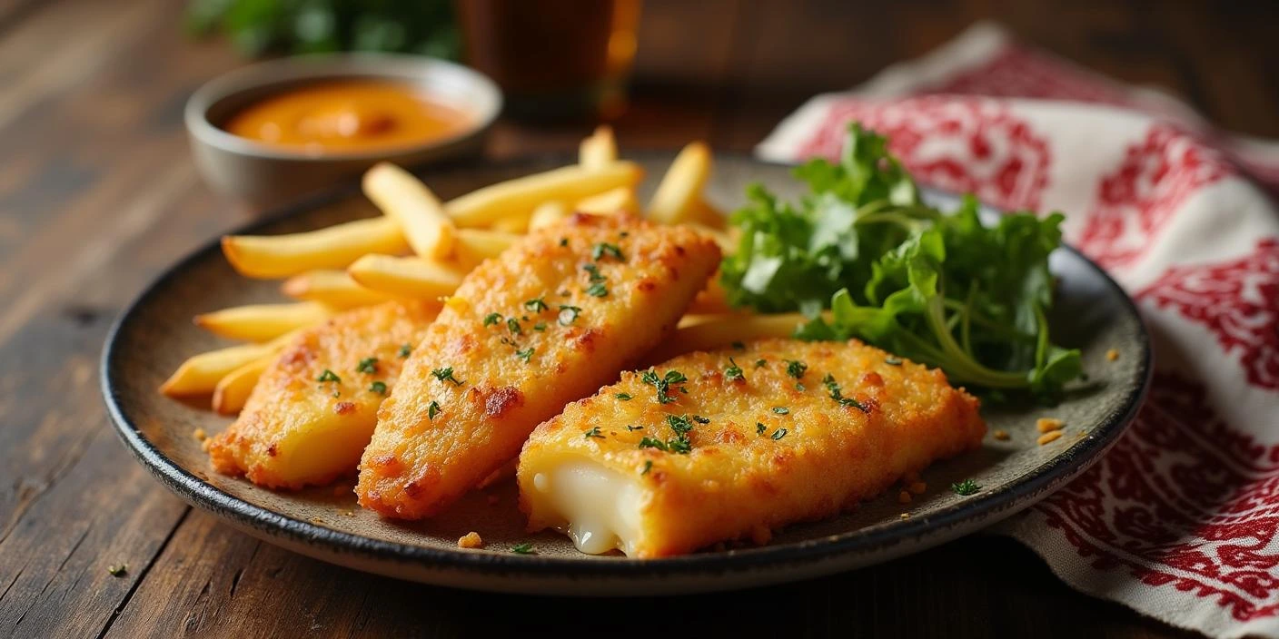 A plate of golden-brown Romanian Fried Cheese (Cașcaval Pane) with a crispy crust and gooey melted cheese inside, served with crispy fries, a fresh salad, and a garlic dipping sauce on a rustic wooden table.