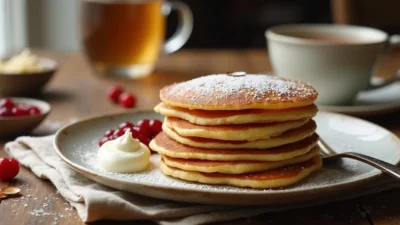 A stack of golden Lithuanian Farmer’s Cheese Pancakes (Kepti Varškėčiai) on a rustic ceramic plate, served with sour cream and cherry jam, dusted with powdered sugar. The pancakes are slightly puffed and pan-fried, sitting on a wooden table with a cozy breakfast setup.
