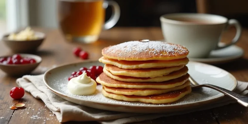 A stack of golden Lithuanian Farmer’s Cheese Pancakes (Kepti Varškėčiai) on a rustic ceramic plate, served with sour cream and cherry jam, dusted with powdered sugar. The pancakes are slightly puffed and pan-fried, sitting on a wooden table with a cozy breakfast setup.