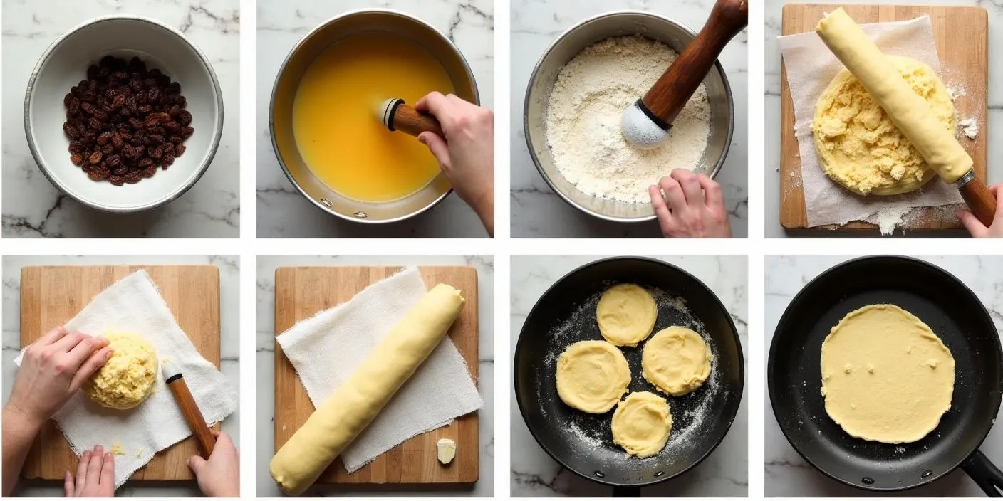 Step-by-step process of making Lithuanian Farmer’s Cheese Pancakes (Kepti Varškėčiai), from soaking raisins and mixing ingredients to shaping, frying, and serving the golden pancakes with sour cream and jam.