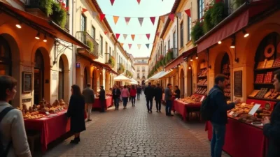 Festive scene at the Óbidos Chocolate Festival with visitors enjoying chocolate tastings, artisans crafting chocolate sculptures, and vibrant medieval streets filled with stalls.