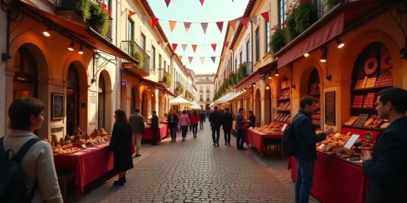 Festive scene at the Óbidos Chocolate Festival with visitors enjoying chocolate tastings, artisans crafting chocolate sculptures, and vibrant medieval streets filled with stalls.