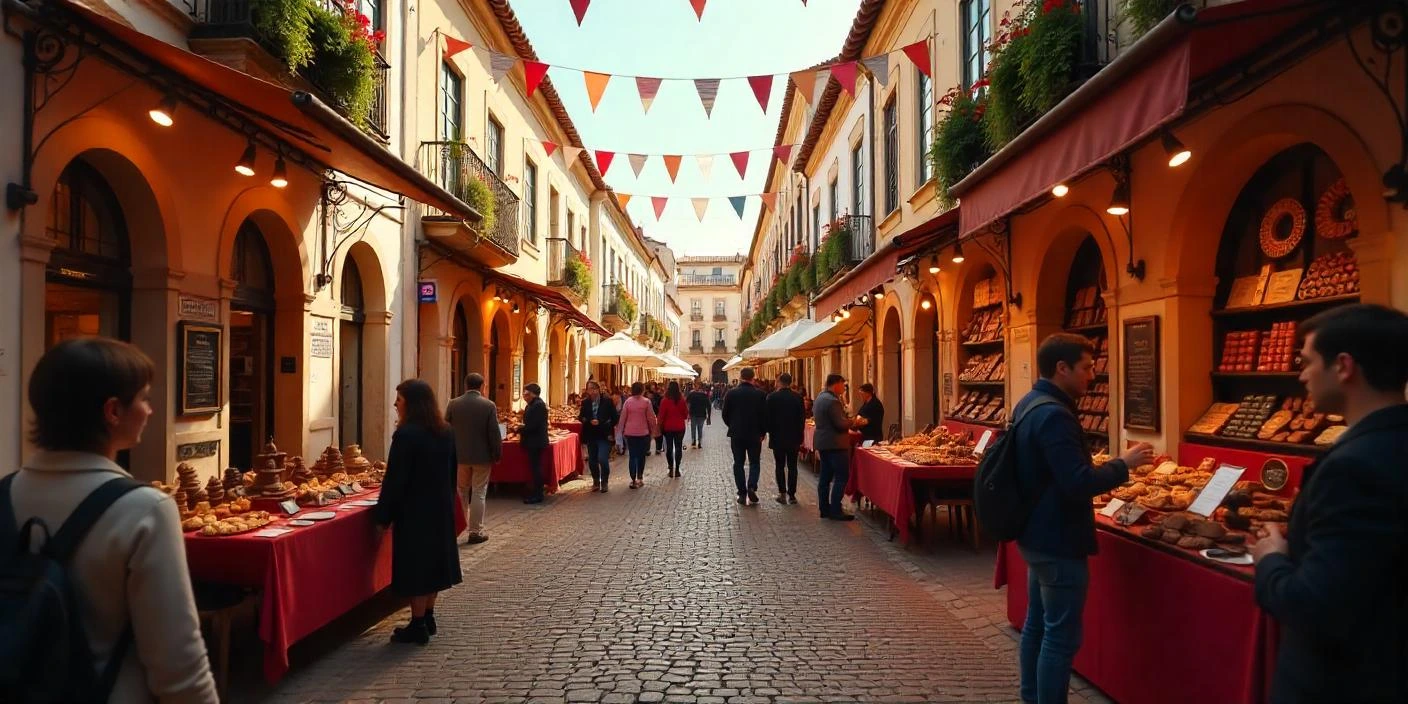 Festive scene at the Óbidos Chocolate Festival with visitors enjoying chocolate tastings, artisans crafting chocolate sculptures, and vibrant medieval streets filled with stalls.