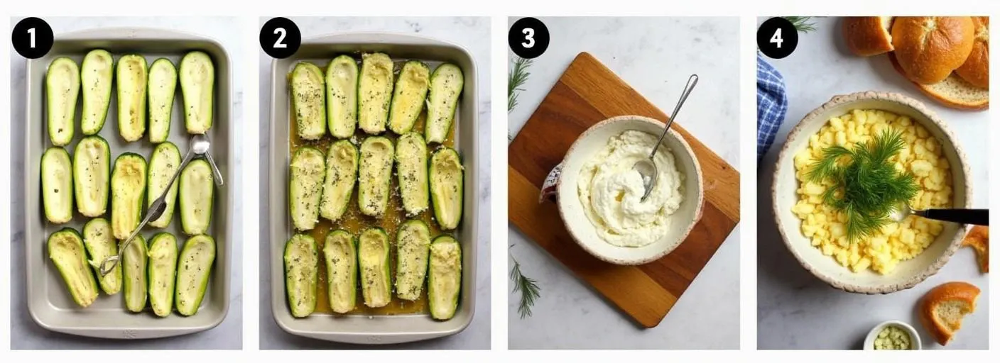 A step-by-step collage of making Romanian Courgette Dip (Salata de Dovlecei), showing roasted courgettes, scooped flesh, finely chopped mixture, ingredients being combined, and the final creamy dip served with toasted bread.