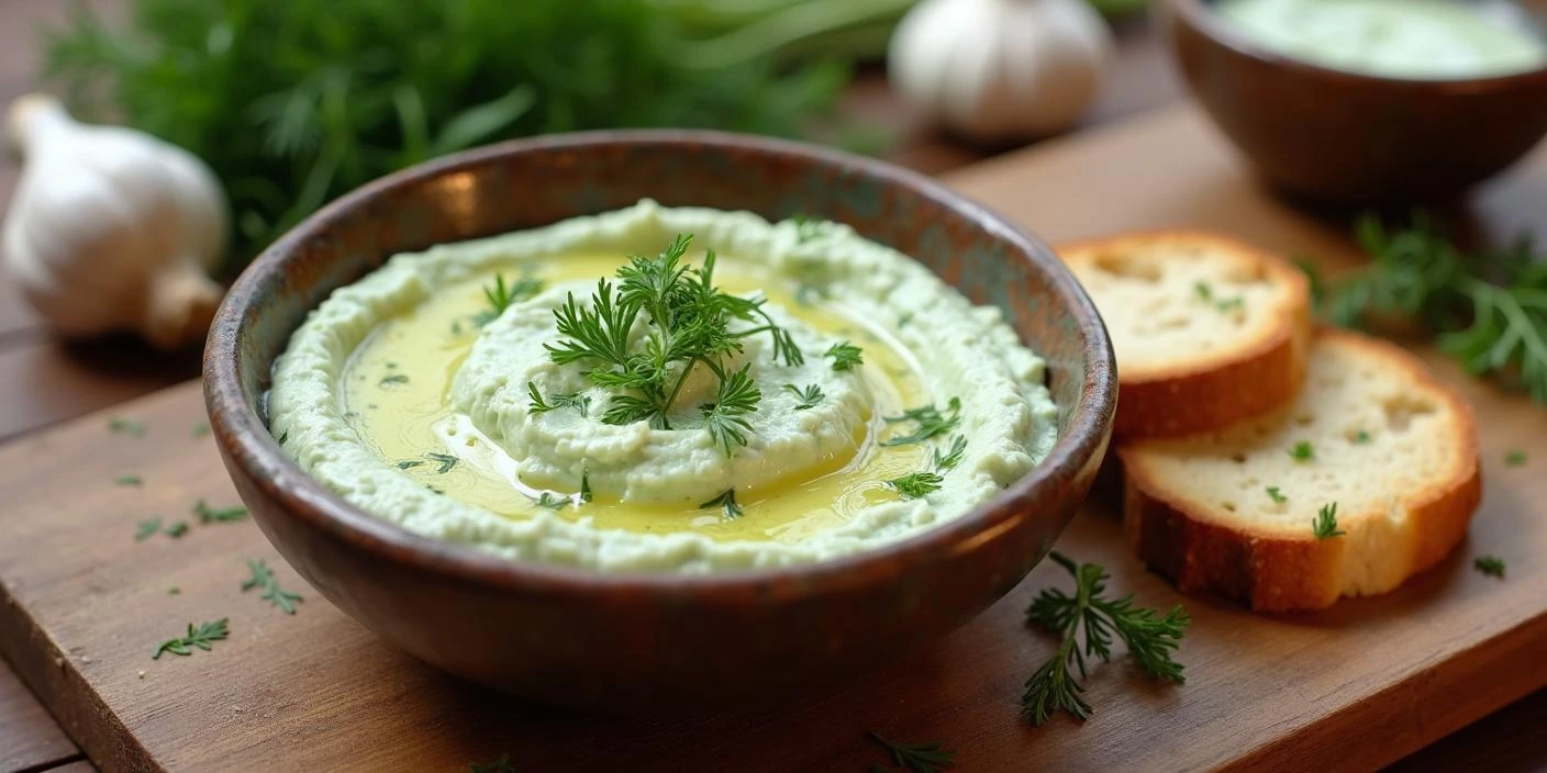 A bowl of creamy Romanian courgette dip (Salata de Dovlecei) garnished with fresh dill and olive oil, served with toasted bread on a wooden cutting board, surrounded by fresh ingredients like garlic and dill.