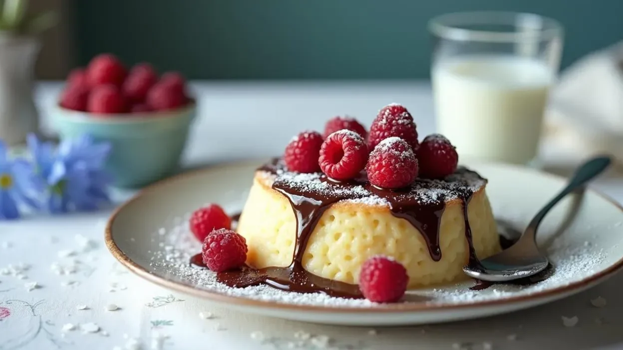 A creamy Slovak semolina pudding lies on a beautiful plate, drizzled with melted chocolate, decorated with raspberries and powdered sugar, served on a white tablecloth with a spoon, a glass of milk and a blue flower in the background, radiating warmth and comfort.