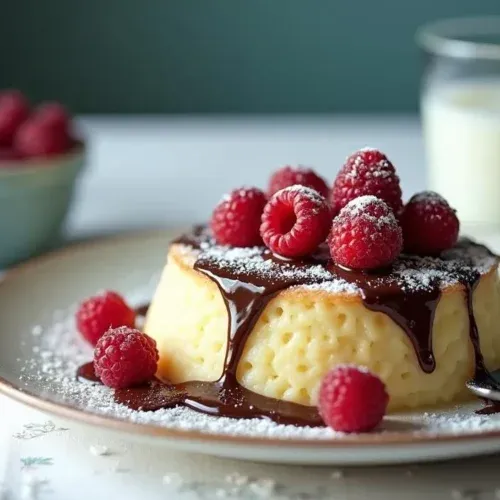 A creamy Slovak semolina pudding lies on a beautiful plate, drizzled with melted chocolate, decorated with raspberries and powdered sugar, served on a white tablecloth with a spoon, a glass of milk and a blue flower in the background, radiating warmth and comfort.