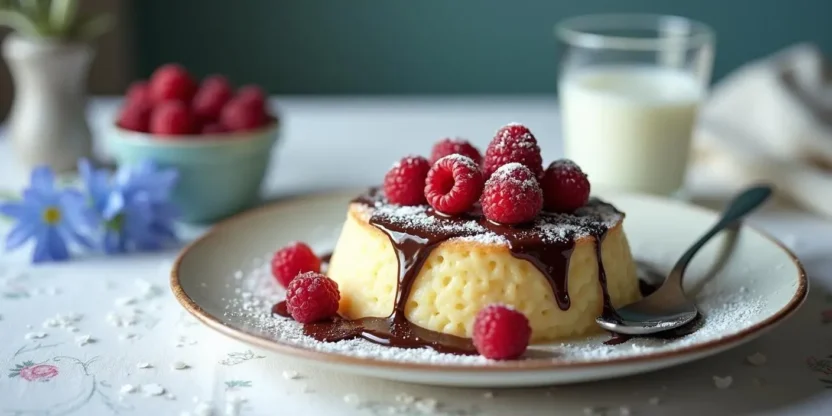 A creamy Slovak semolina pudding lies on a beautiful plate, drizzled with melted chocolate, decorated with raspberries and powdered sugar, served on a white tablecloth with a spoon, a glass of milk and a blue flower in the background, radiating warmth and comfort.