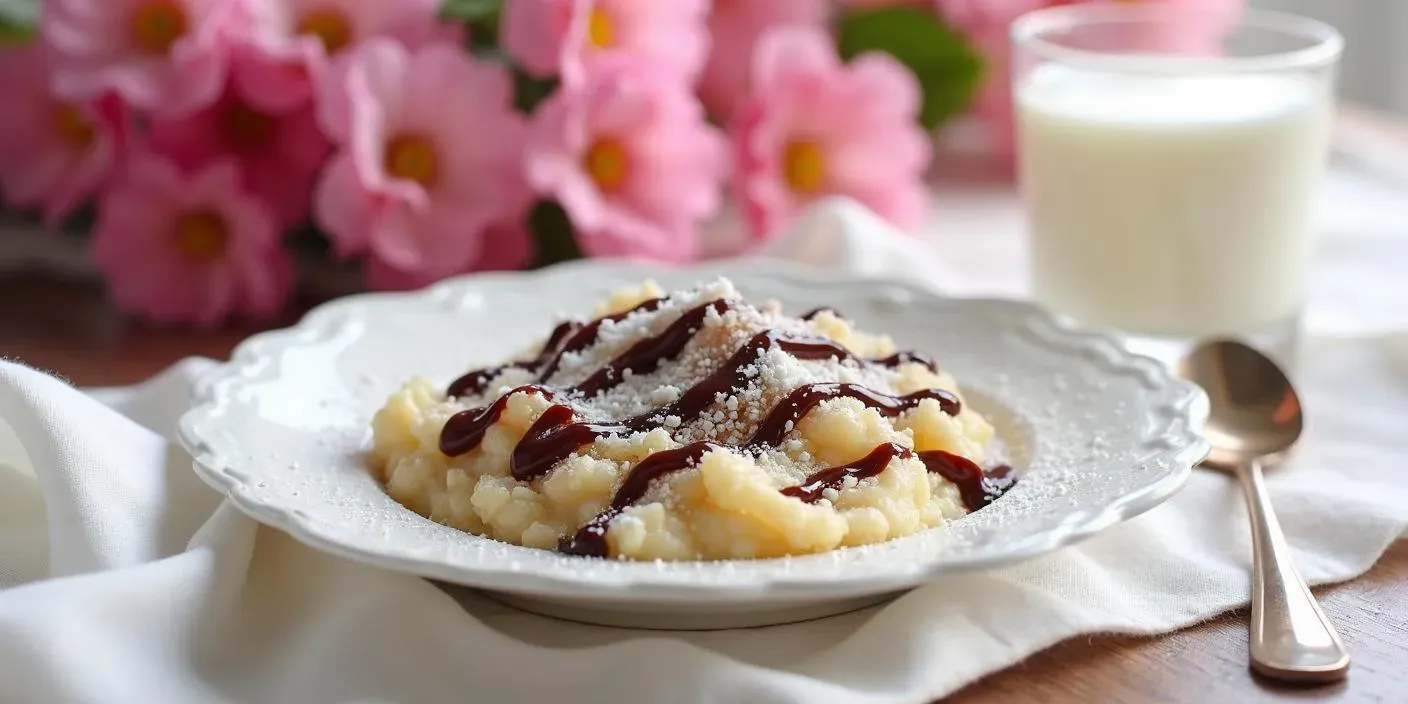 A bowl of Krupicová Kaša — Slovak semolina porridge topped with cocoa, butter, and sugar on a rustic wooden table.