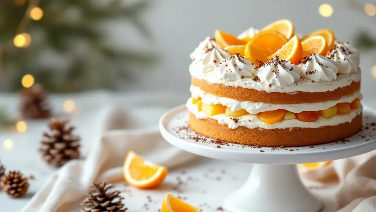 Romanian Diplomat Cake on a white cake stand, topped with whipped cream, pineapple, orange slices, and chocolate shavings, styled in a festive setting with soft lighting.