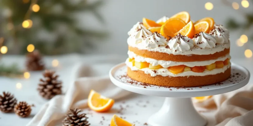 Romanian Diplomat Cake on a white cake stand, topped with whipped cream, pineapple, orange slices, and chocolate shavings, styled in a festive setting with soft lighting.