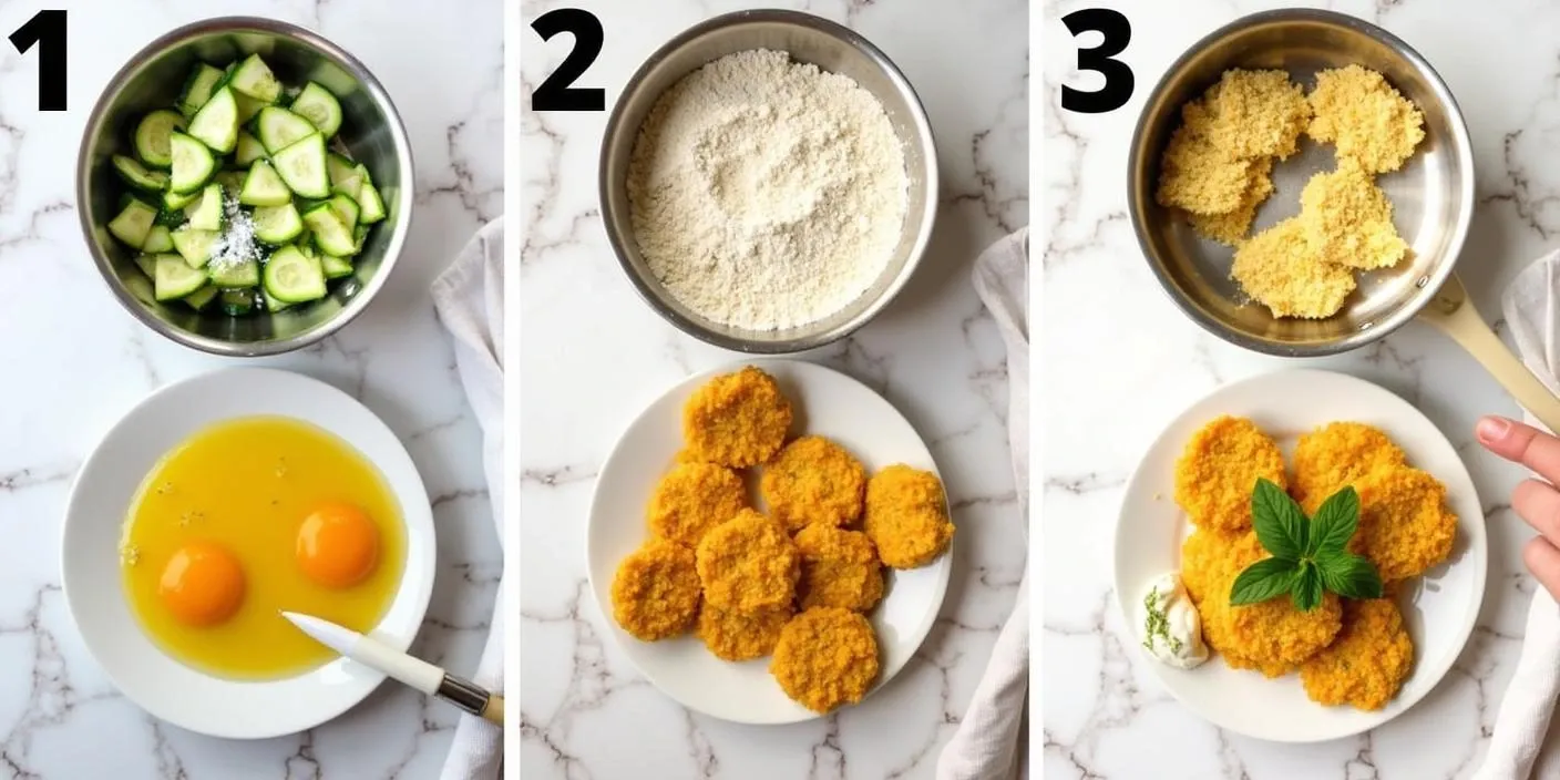 Step-by-step process of making Romanian pan-fried courgettes (Dovlecei Pane): slicing the courgettes, coating them in flour, egg, and breadcrumbs, frying them to a golden brown, and serving with a garlic yogurt dip.