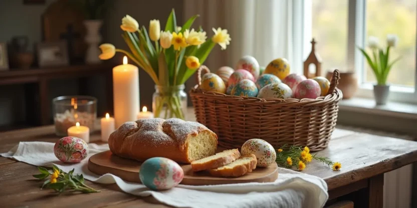 Traditional Easter setting with decorated eggs, Easter bread, candles, and spring flowers on a rustic table, symbolizing faith, renewal, and celebration.