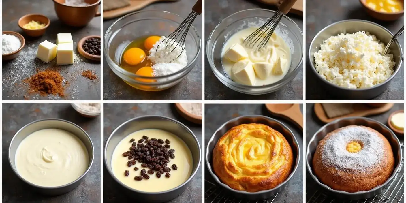 Step-by-step images of making Romanian Pasca: mixing eggs and sugar, adding cheese and sour cream, folding in raisins, pouring into a baking tin, and baking until golden brown.