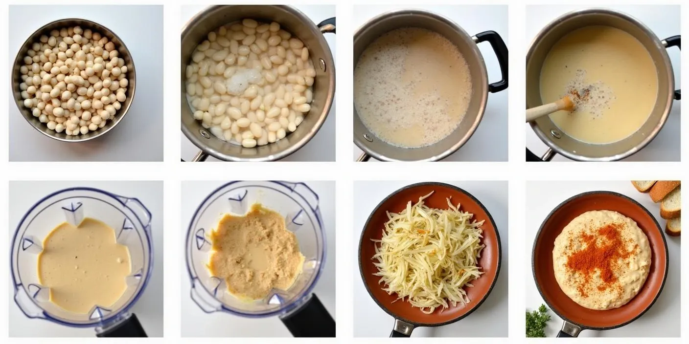 Step-by-step process of making Romanian White Bean Dip (Fasole Bătută), from soaking and boiling the beans to blending them into a creamy dip and topping with caramelized onions.