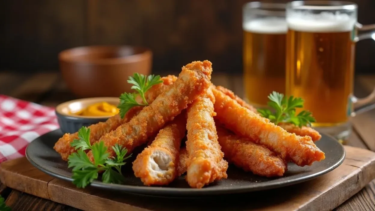 Crispy Romanian fried pork ears (Urechi de Porc Prajite) served on a rustic wooden plate, garnished with fresh herbs, alongside a dipping sauce and a cold beer.