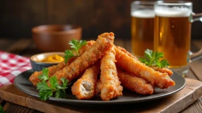 Crispy Romanian fried pork ears (Urechi de Porc Prajite) served on a rustic wooden plate, garnished with fresh herbs, alongside a dipping sauce and a cold beer.