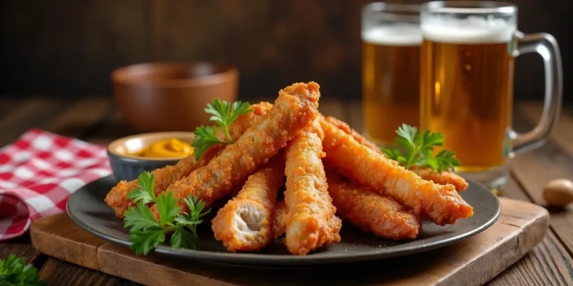 Crispy Romanian fried pork ears (Urechi de Porc Prajite) served on a rustic wooden plate, garnished with fresh herbs, alongside a dipping sauce and a cold beer.