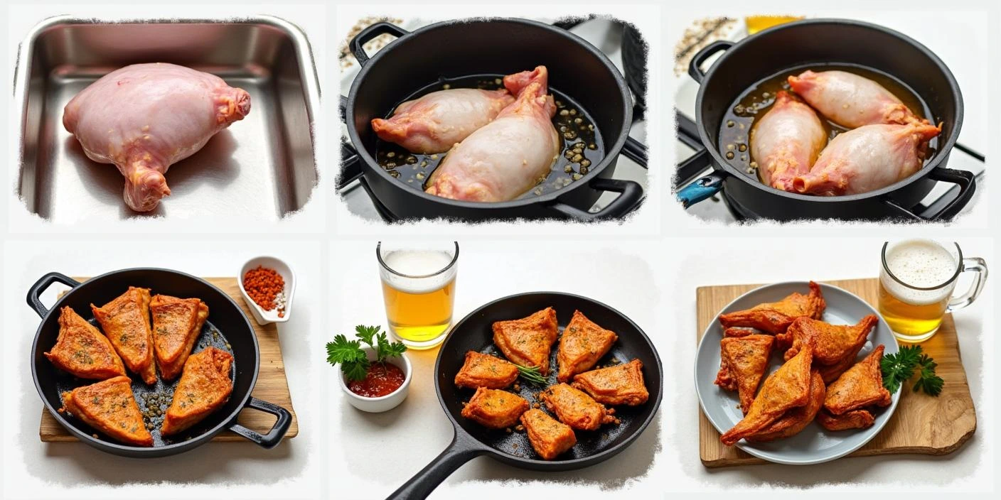 Step-by-step process of making crispy Romanian fried pork ears, from cleaning and boiling to marinating, frying, and serving with dipping sauce and a cold beer.