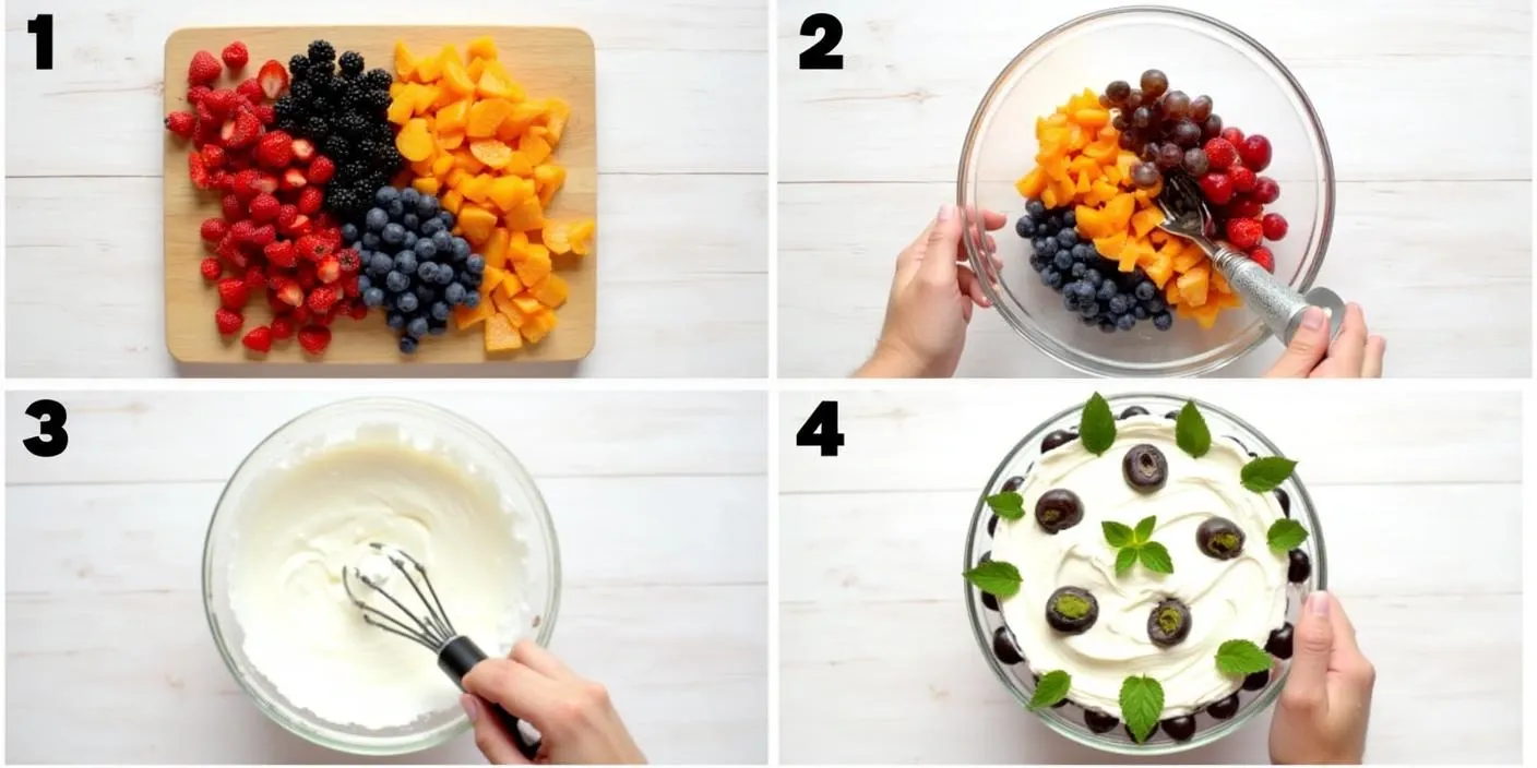Step-by-step images showing how to make Romanian summer fruit salad: fresh fruits chopped, mixed in a bowl, whipped cream being prepared, and the final fruit salad served with cream and mint garnish.