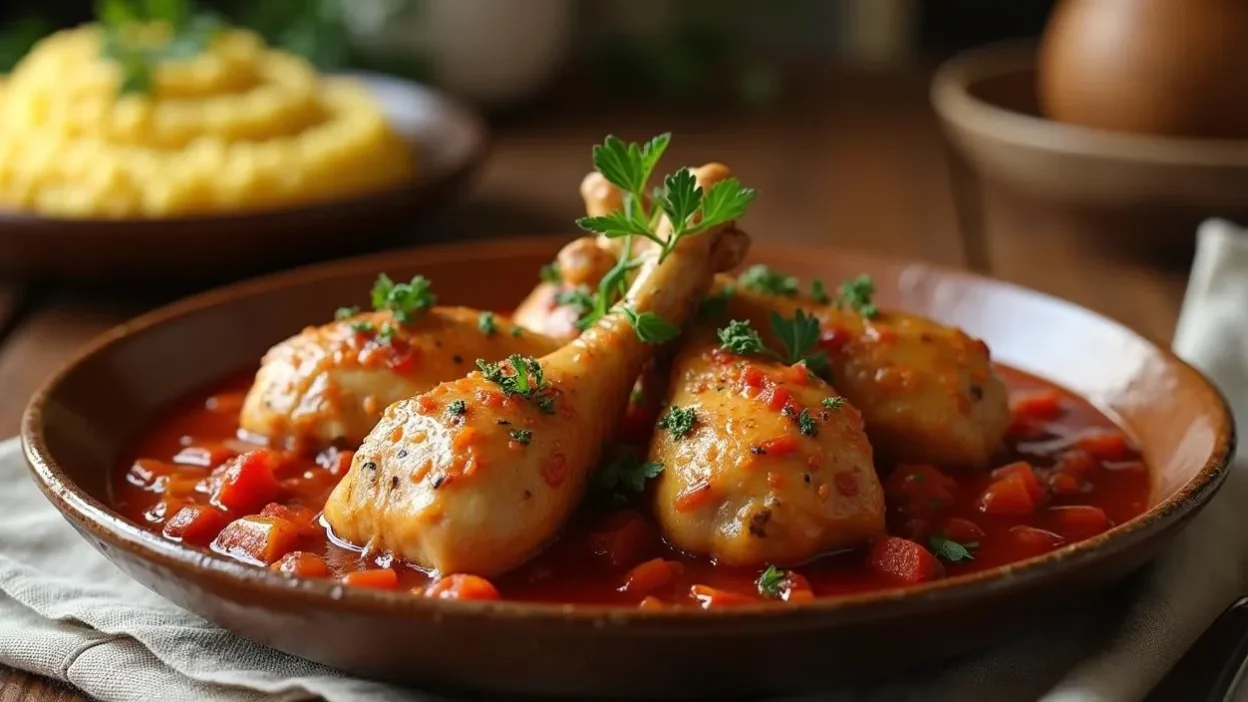 A close-up of a traditional Romanian garlic chicken stew (Ostropel de Pui) with golden-brown chicken drumsticks in a rich tomato-garlic sauce, garnished with fresh parsley.