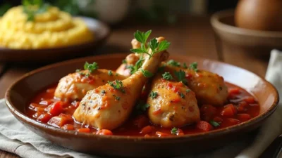 A close-up of a traditional Romanian garlic chicken stew (Ostropel de Pui) with golden-brown chicken drumsticks in a rich tomato-garlic sauce, garnished with fresh parsley.