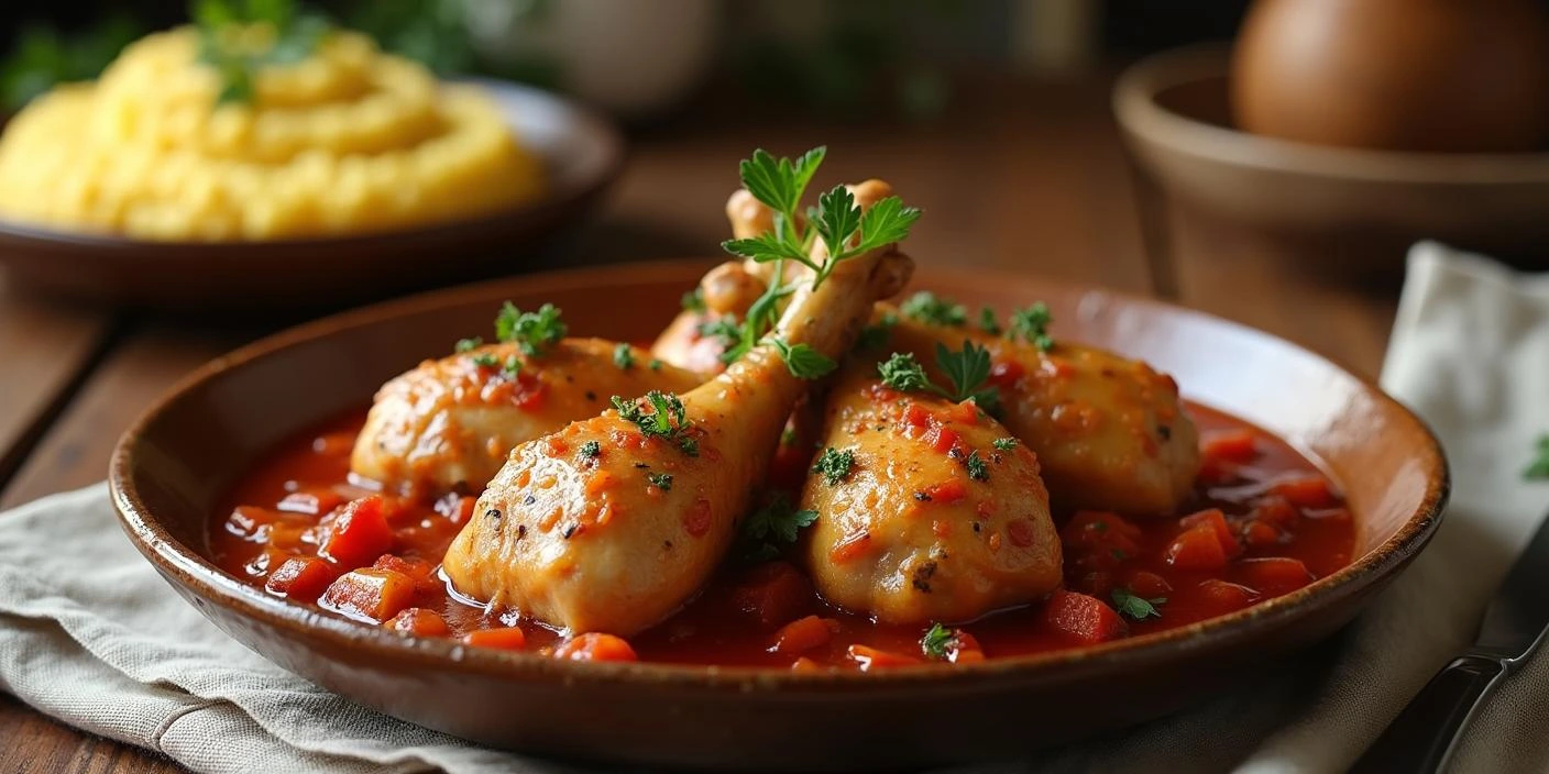 A close-up of a traditional Romanian garlic chicken stew (Ostropel de Pui) with golden-brown chicken drumsticks in a rich tomato-garlic sauce, garnished with fresh parsley.