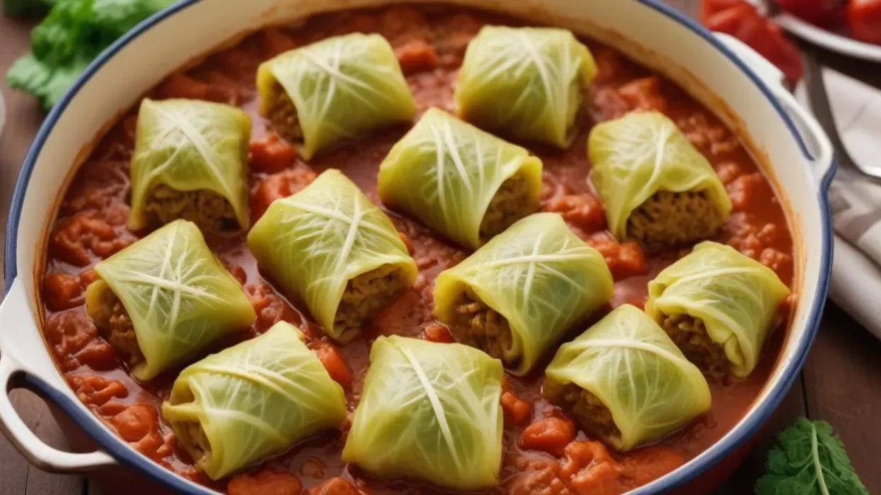 Traditional Polish gołąbki (cabbage rolls) stuffed with rice and meat, served with tomato sauce.