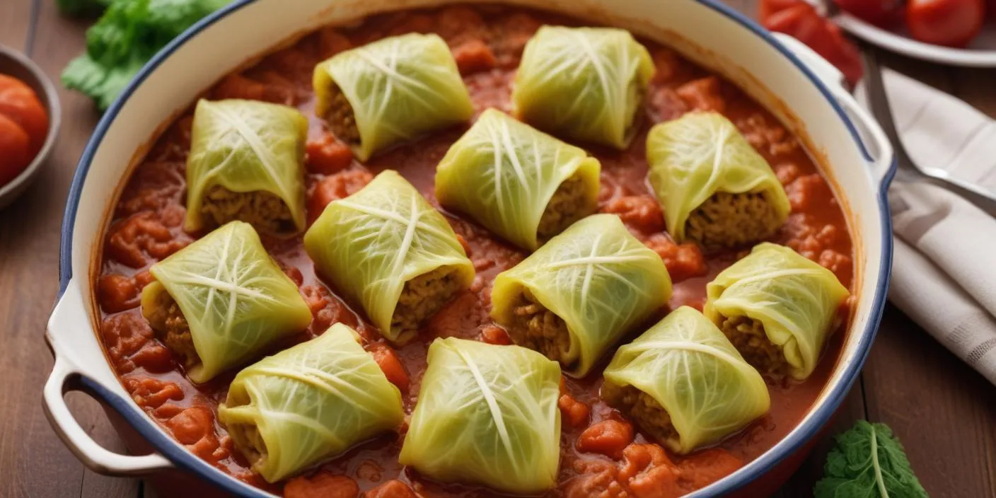 Traditional Polish gołąbki (cabbage rolls) stuffed with rice and meat, served with tomato sauce.